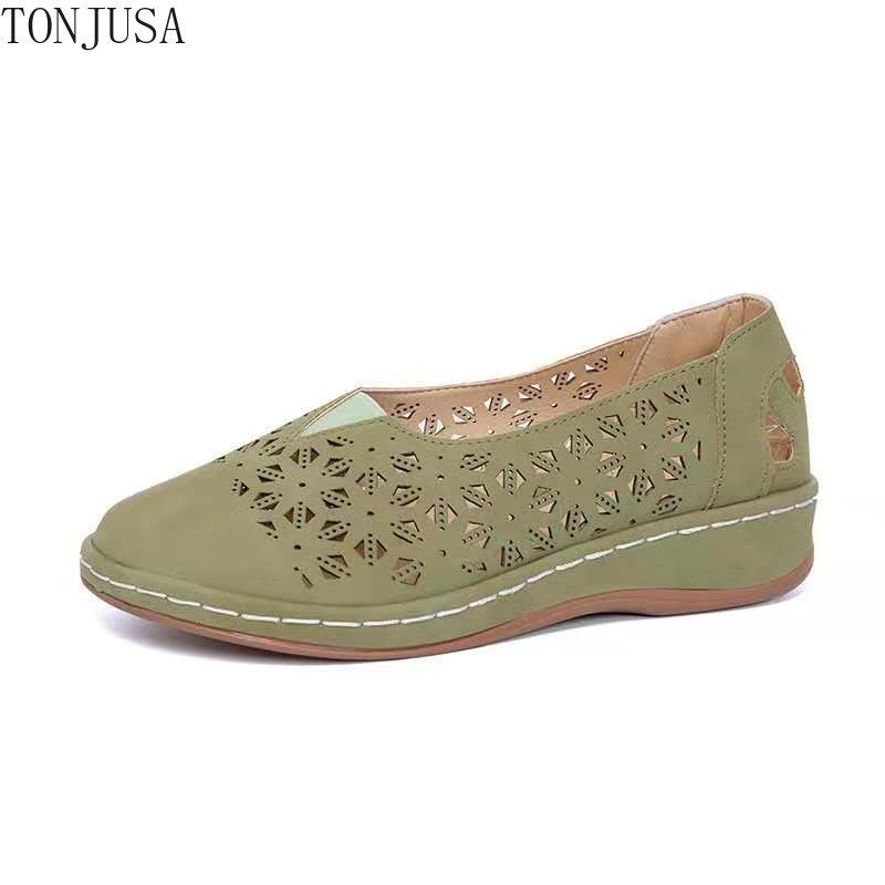 TONJUSA Women's Shoes Hollow Round Toe Flat Comfortable Peas Shoes Ladies Single Shoes