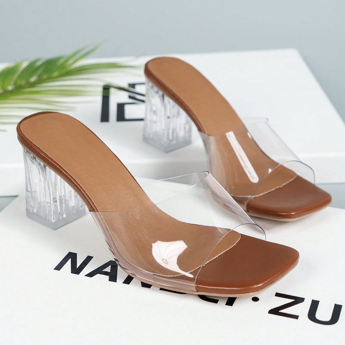 SHEIN Party & Vacation Season Promotions, Classic Elegant Women's High Heel Sandals With Crystal Heel, Square Toe, Chunky Heel, Transparent Strap & Decorative Design For All Seasons In Coffee Brown Color Coffee Brown CN35,CN36,CN37,CN38,CN39,CN40,CN41,CN4
