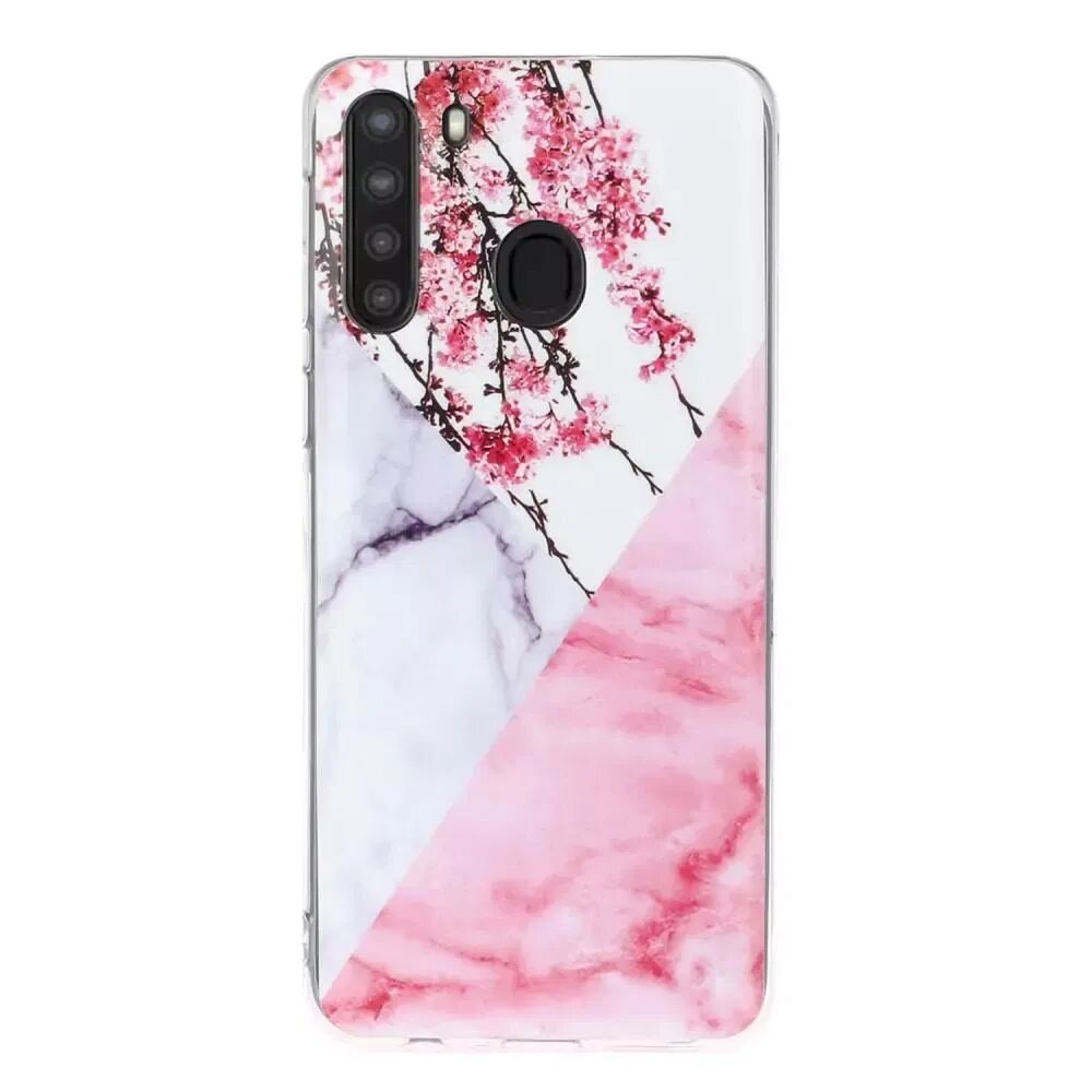 INCOVER Samsung Galaxy A21 Fleksibel Plast Bakdeksel med Marmor Print - Rosa Marmor / Blomster