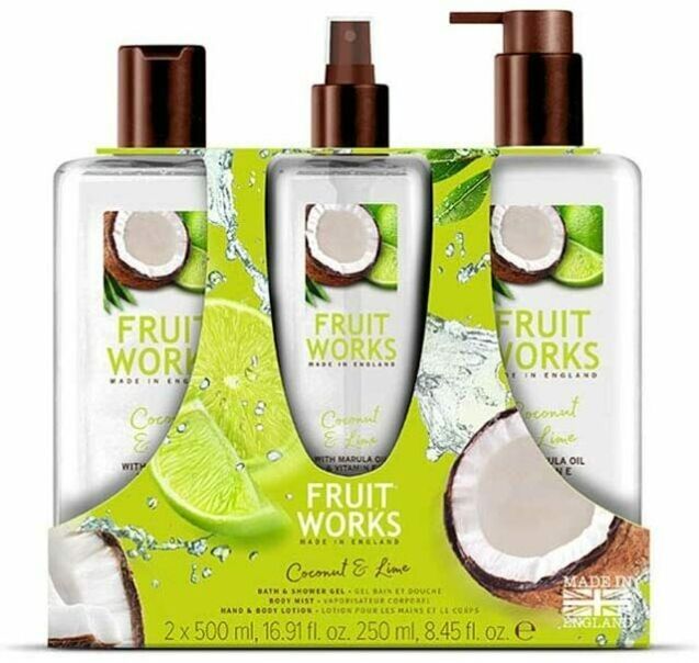 Fruit Works Coconut & Lime Body Mist & Shower Gel & Body Lotion Set 250 ml + 2 x 500 ml Gaveeske