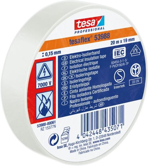 Tesa 53948 El- og Isolasjonstape 20 m x 19 mm hvit