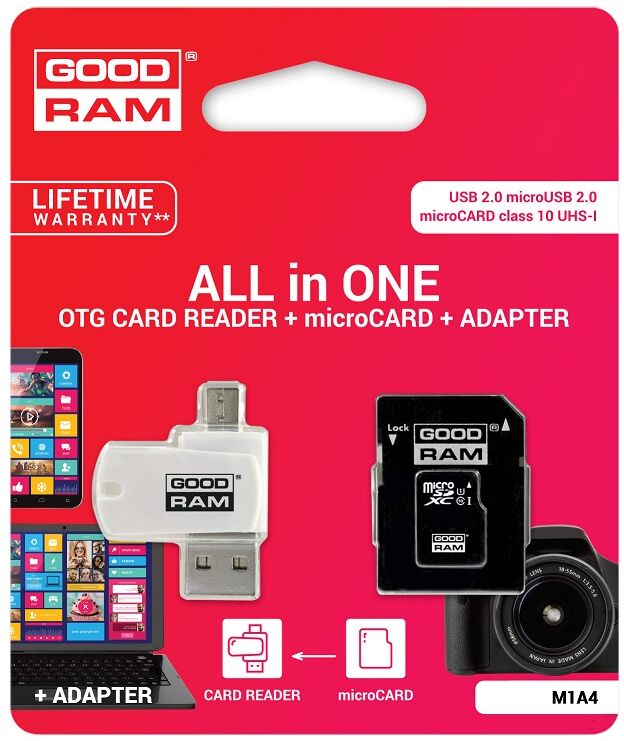 Goodram Cartão Memória Microsd 64gb (class 10) "4-em-1" C/ Adaptadores Sd E Pen Usb/otg - Goodram