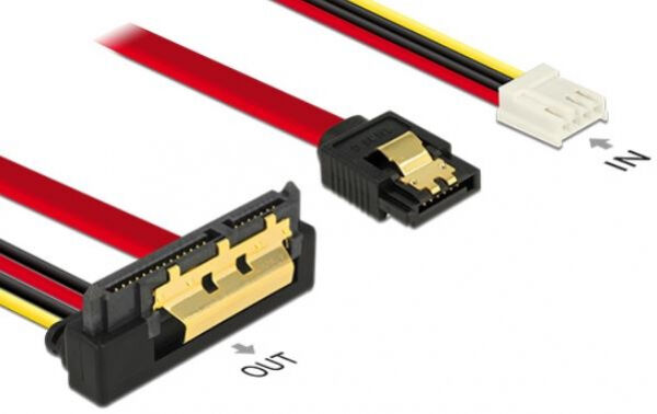 DeLock 85235 - Kabel SATA3 7 Pin Buchse + Floppy 4 Pin Strom Buchse > SATA 22 Pin Buchse unten gewinkelt Metall 30 cm