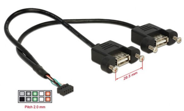 DeLock 84832 - Kabel USB 2.0 Pfostenbuchse 2,00 mm 10 Pin > 2 x USB 2.0 Typ-A Buchse zum Einbau 25 cm