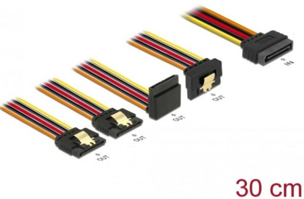 DeLock 60148 - Kabel SATA 15 Pin Strom Stecker mit Einrastfunktion > SATA 15 Pin Strom Buchse 2 x gerade / 1 x unten / 1 x oben 30 cm
