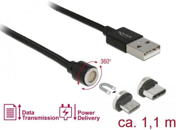 DeLock 85723 - Magnetisches USB Daten- und Ladekabelset für Micro USB / USB Type-C schwarz 1,1 m