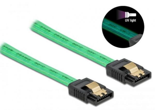 DeLock 82069 - SATA 6 Gb/s Kabel UV Leuchteffekt grün 50 cm