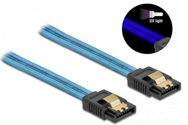 DeLock 82133 - SATA 6 Gb/s Kabel UV Leuchteffekt blau 70 cm