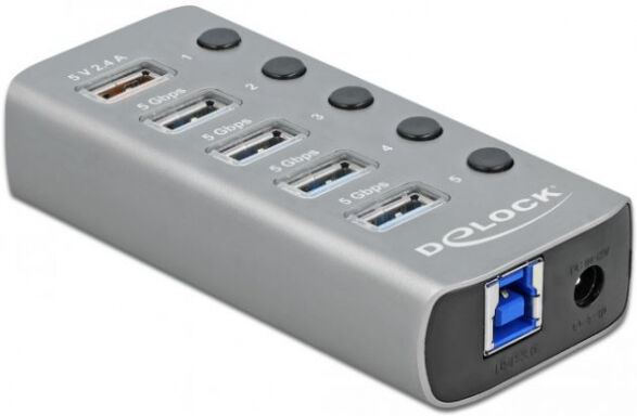 DeLock 63262 - USB 3.2 Gen 1 Hub mit 4 Ports + 1 Schnellladeport mit Schalter und Beleuchtung