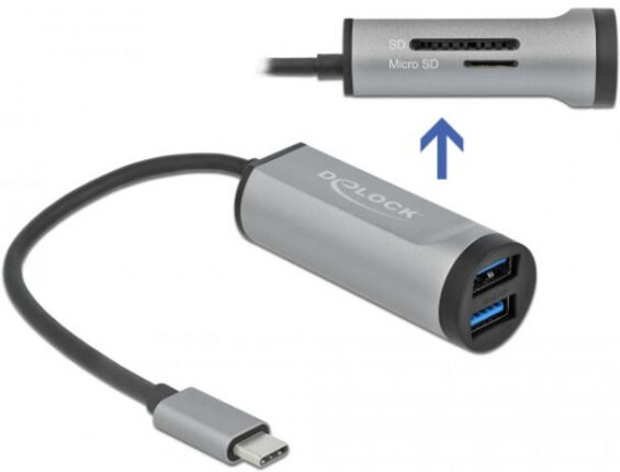 DeLock 63262 - 2 Port USB 3.2 Gen 1 Hub mit USB Type-C Anschluss und SD + Micro SD Slot