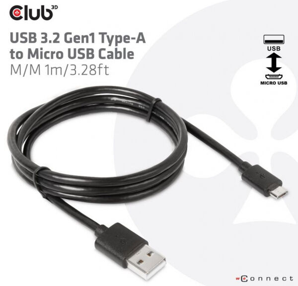 Club 3D CAC-1408 - USB 3.2 Gen1 Type-A to Micro USB Cable M/M 1m