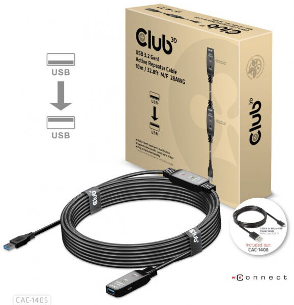 Club 3D CAC-1405 - USB 3.2 Gen1 Active Repeater Cable M/F 28AWG - 10m