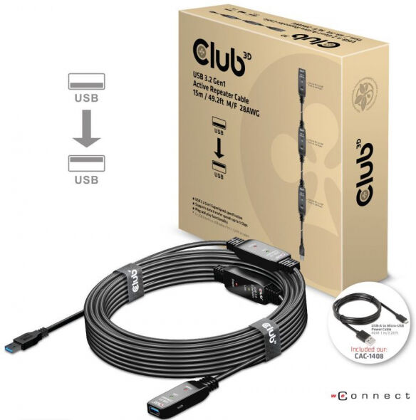 Club 3D CAC-1406 - USB 3.2 Gen1 Active Repeater Cable M/F 28AWG - 15m