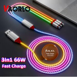 Vaorlo 66w 3 In 1 Leuchtendes Kabel Super Charge Datenkabel Für Micro 8pin Typ-C 6a Usb-C Schnellladung 2,4a Lightning Für Android Xiaomi Huawei