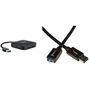 TP-Link UH400 4-Port-USB-3.0-Hub (5 Gbit/s, 4 Steckplätze, Windows 10/8.1/8/7/Vista/XP, MacOS X und Linux) schwarz & Amazon Basics USB 3.0-Verlängerungskabel A-Stecker auf A-Buchse, 2 m