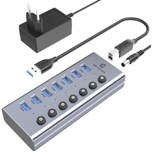 SUTOUG USB Splitter 7-Port Compact USB Hub, USB Hub 3.0 5Gpbps USB Adapter Kompatibel für Mac OS X 10.2, Windows 10/8/7/Vista/XP, Linux(mit DC Adapter & 100CM USB Verlängerungskabel)