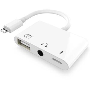 NÖRDIC Lightning adapter til 1xUSB En 1x3,5mm lyd og 1x Lightning White 10cm kabel