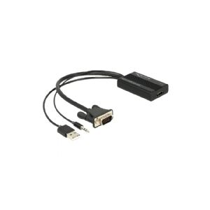 Delock VGA to HDMI Adapter with Audio - Video / lyd adapter - 15 pin D-Sub (DB-15), ministik, USB (kun strøm) han til HDMI hun - 25 cm - sort