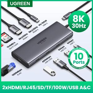 UGREEN DUAL HDMI USB HUB 8K HDMI adaptateur 10 en 1 séparateur avec RJ45 USB 3.0 PD 100W Dock pour