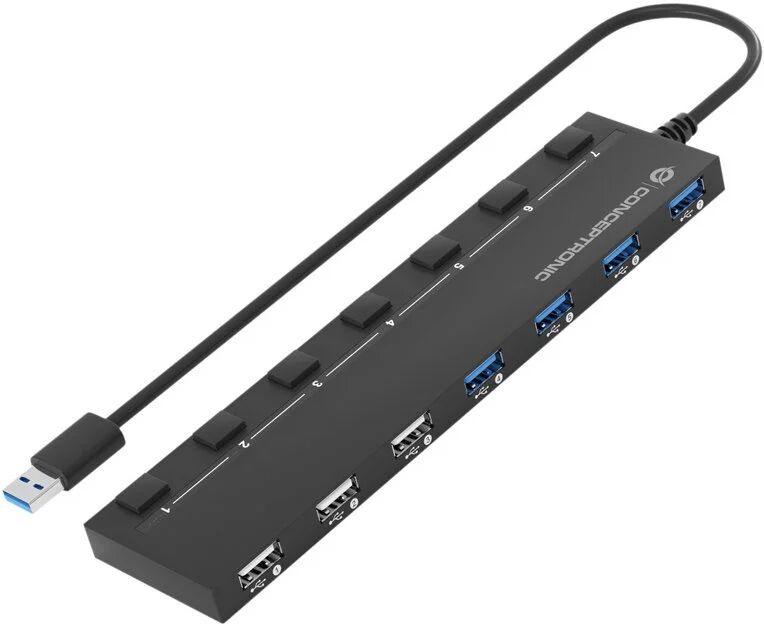 Conceptronic hubbies09bp hub usb 3.0 4x portas 3.0/3x portas 2.0 com interruptores + adaptador