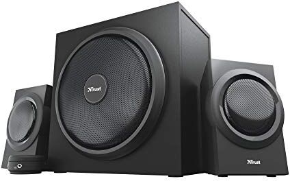 23696 Trust Yuri 2.1 PC högtalare med subwoofer, 120 W toppeffekt, subwoofer av trä med en stark 5,25 tums basdrivenhet, kabelansluten volymreglering med hörlurar och line-in-anslutning