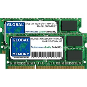 GLOBAL MEMORY 32GB (2 x 16GB) DDR3 1866MHz PC3-14900 204-PIN SODIMM MEMORY RAM KIT FOR LAPTOPS/NOTEBOOKS