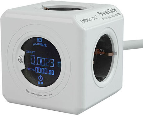 Allocacoc 8910/DEEXMO PowerCube Extended Stekkerdoos 4 Sockets + Energieverbruik Weergave Wit/Grijs - 1,5 meter