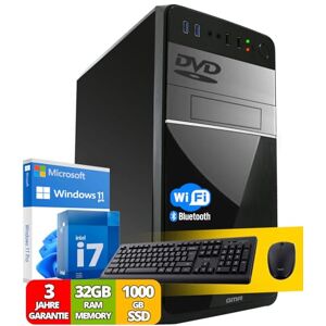 GMR Intel Core i7 Multimedia PC Komplett mit Tastatur und Maus Schneller Computer für Büro & Home Office   32GB RAM   1000GB SSD   DVD+RW   USB3.0   WLAN   Windows 11 Pro   WiFi 600 und Bluetooth 5