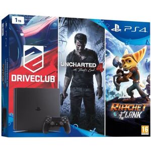 pakke Sony playstation 4 Slim Black 1TB + 3 spil : Uncharted 4 : A Thief's End Game + DriveClub + Ratchet and Clank ( brugt, god stand ) ( ps4)
