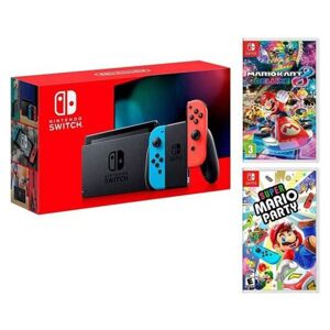 Nintendo Switch Néon 32Go + Super Mario Party et Mario Kart 8 Deluxe, Rouge, Bleu - Neuf
