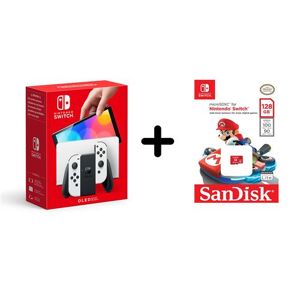 Nintendo Switch (modèle OLED) avec station d’accueil et manettes Joy-Con blanches + Carte mémoire microSD SanDisk SDSQXAO-128G-GNCZN 128 Go Rouge Blanc - Publicité