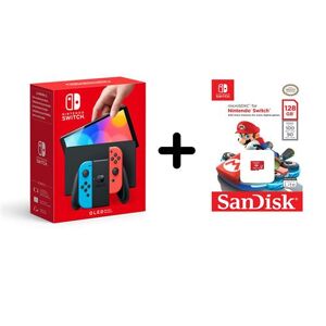 Nintendo Switch (modèle OLED) avec manettes Joy-Con bleu néon / rouge néon + Carte mémoire microSD SanDisk SDSQXAO-128G-GNCZN 128 Go Rouge Bleu néon / rouge néon - Publicité