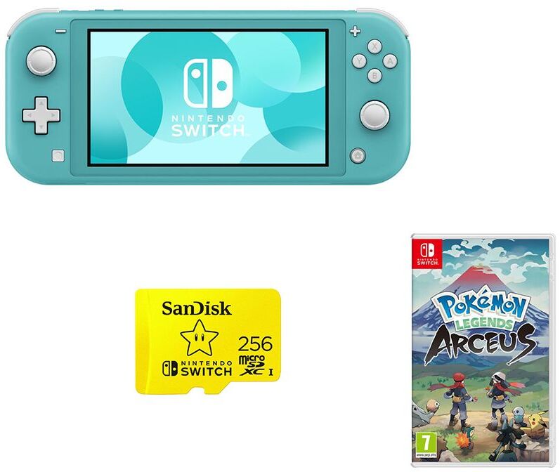 NINTENDO Switch Lite Turquoise, Pokemon Legends: Arceus &amp; SanDisk 256 GB Memory Card Bundle, Turquoise