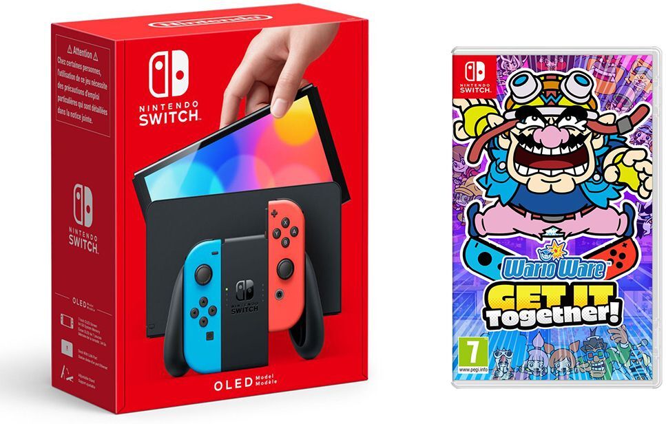 NINTENDO Switch OLED &amp; WarioWare: Get it Together! Bundle - Neon Red &amp; Blue, Neon