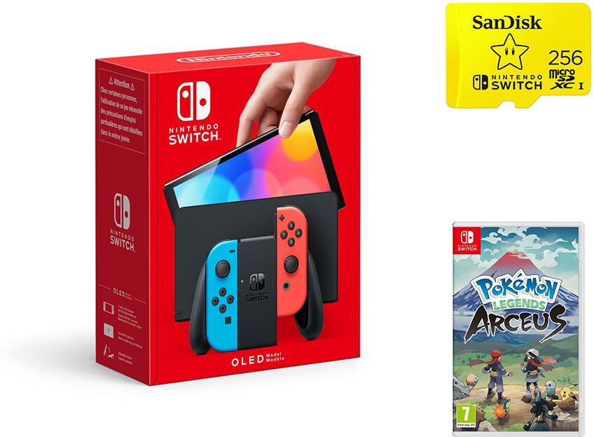 NINTENDO Switch OLED Neon, Pokemon Legends: Arceus &amp; MicroSD Card Bundle, Neon