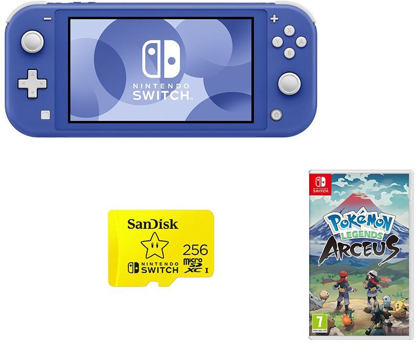 NINTENDO Switch Lite Blue, Pokemon Legends: Arceus &amp; SanDisk 256 GB Memory Card Bundle, Blue