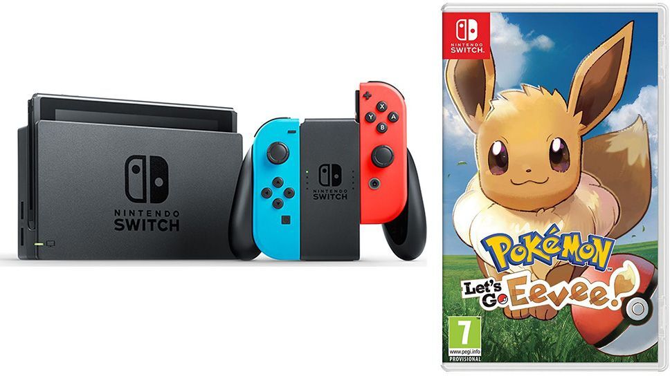 NINTENDO Switch Neon Red &amp; Pokemon: Let's Go, Eevee! Bundle, Neon