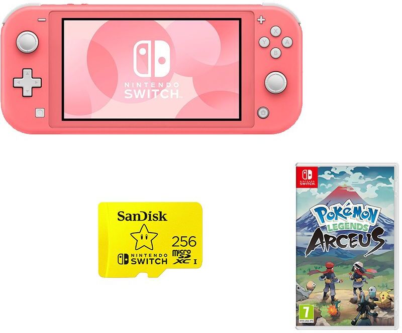 NINTENDO Switch Lite Coral, Pokemon Legends: Arceus &amp; SanDisk 256 GB Memory Card Bundle, Coral