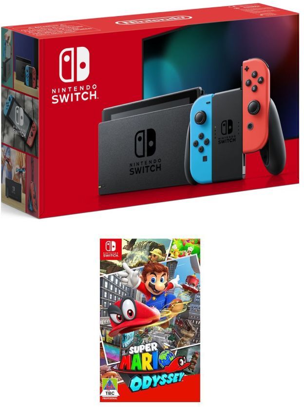 NINTENDO Switch Neon Red &amp; Super Mario Odyssey, Neon