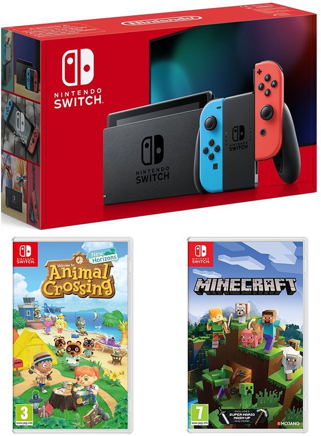 NINTENDO Switch, Animal Crossing: New Horizons &amp; Minecraft Bundle - Neon Red &amp; Blue, Neon