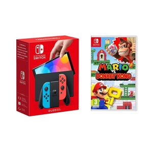 Nintendo Switch OLED (Neon Red & Blue) & Mario vs Donkey Kong Bundle, Red,Blue