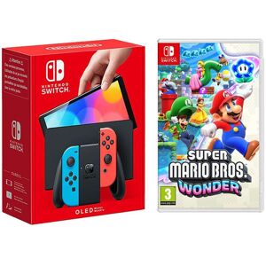 Nintendo Switch OLED (Neon Red & Blue) & Super Mario Bros. Wonder Bundle, Red,Blue