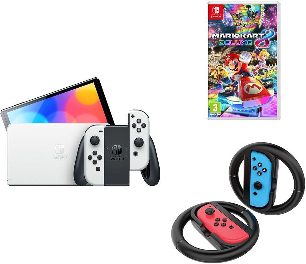 NINTENDO Switch OLED White, Mario Kart 8 Deluxe & Venom Joy-Con Racing Wheels Bundle, White