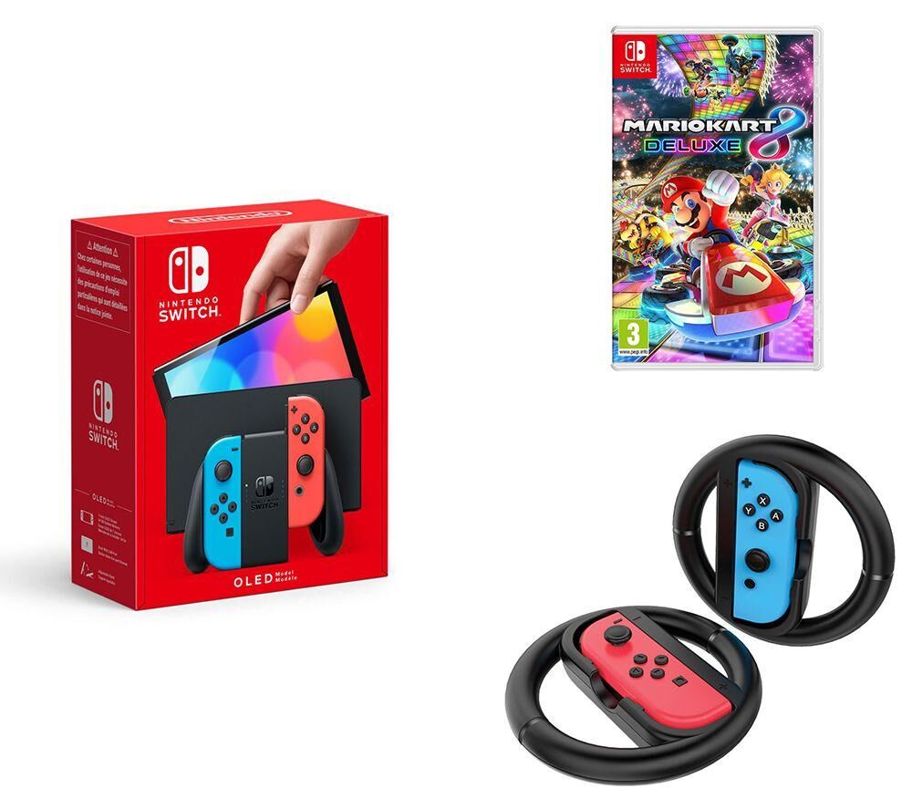 Nintendo Switch OLED Neon, Mario Kart 8 Deluxe & Racing Wheels Bundle, Red,Blue