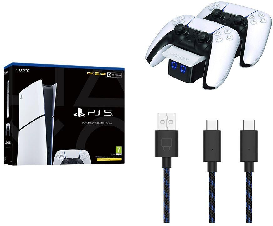 Sony PlayStation 5 Digital Edition Model Group, VS5001 Twin Docking Station (White) & Charge Cable Bundle, White