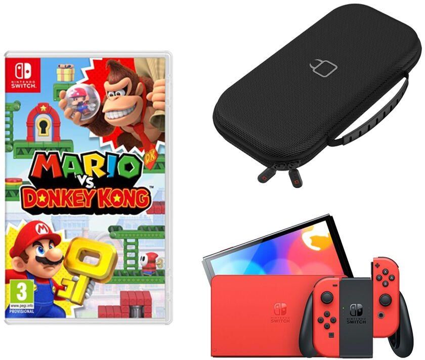 Nintendo Switch OLED (Mario Red Edition), Mario vs Donkey Kong & Nintendo Switch Case (Black) Bundle, Red