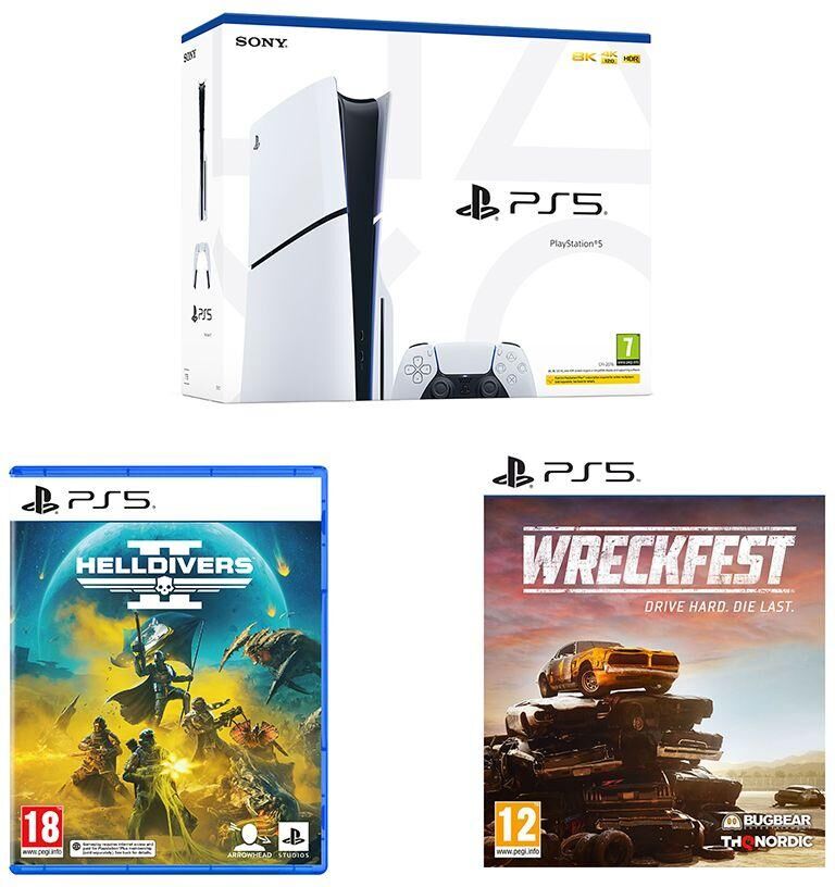 Sony PlayStation 5 Model Group (Slim), Wreckfest & Helldivers 2 Bundle, White