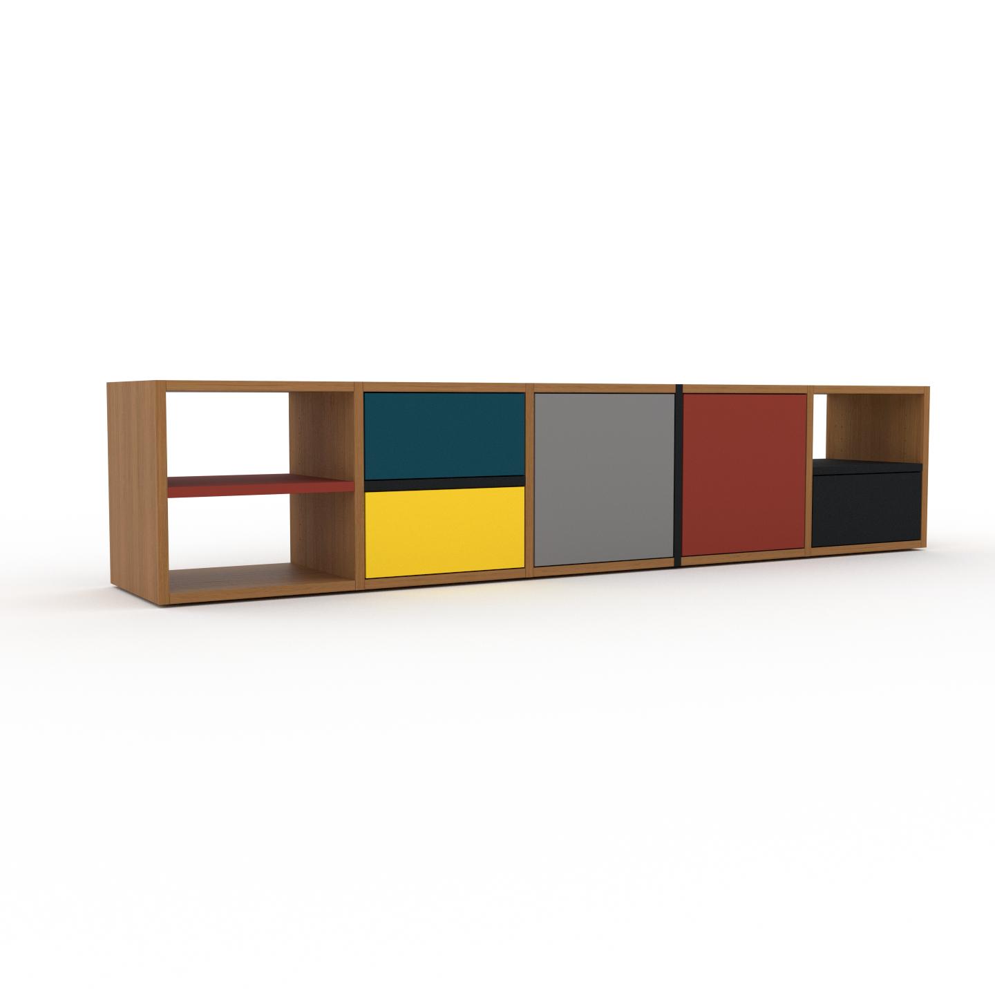 MYCS Holzregal Terrakotta - Modernes Regal aus Holz: Schubladen in Gelb & Türen in Grau - 195 x 41 x 35 cm, Personalisierbar