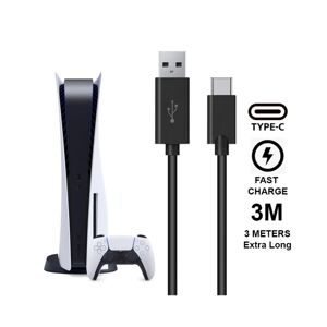 (2stk) 3m Ladekabel - til PS5/ Playstation 5 USB-C sort Ekstra Lang - Perfet (1-PACK) 3 meter