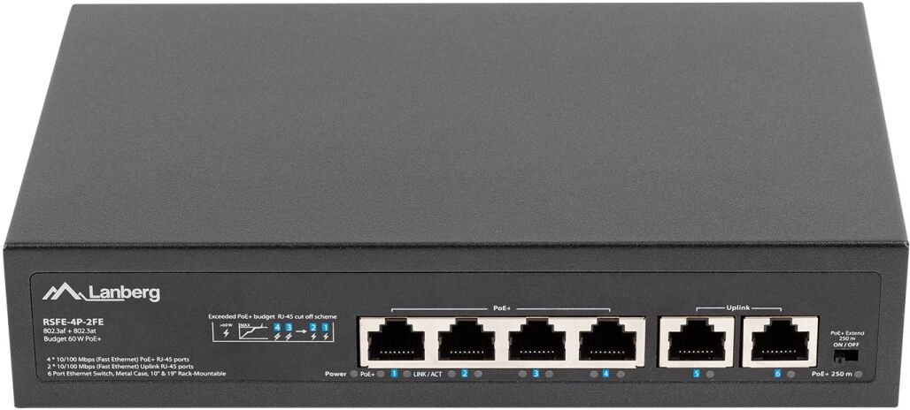 Lanberg SWITCH POE 19" 6-PORT 100MB (4 PORTS POE, 30W/PORT, MAX 60W)